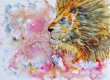 Original Art Lion Portrait Watercolor Impressionism Yupo Paper COA Living Artist