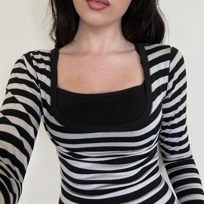 Y2K 2000s Striped Fitted Long Sleeve Top Size Small Emo Grunge Scene Shirt