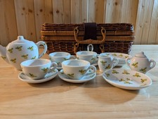 Vintage 18 Piece Yellow Rose PatternCeramic Child's Mini Tea Set W Wicker Basket