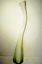 1970s Handblown Art Glass Stretched Gooseneck Vase Murano Green White Bubbles
