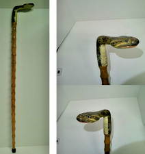Vintage 37" Cane Wood Carved Walking Stick Snake Head Handle Rubber Bottom