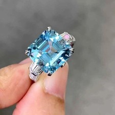 7.65Ct Asscher Cut Natural Aquamarine Diamond Wedding Ring 18K White Gold 5 6 7