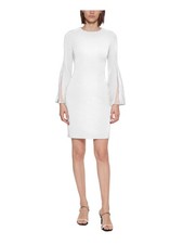 CALVIN KLEIN Womens White Insets Lined Bell Sleeve Sheath Dress Petites 2P