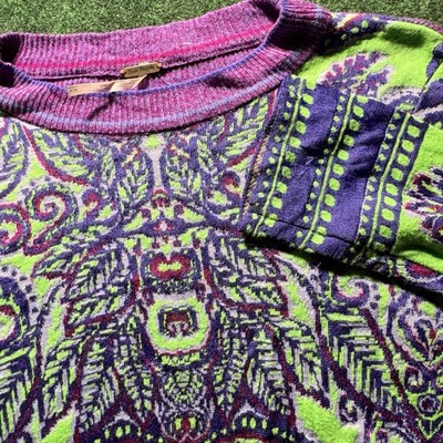 Free People Green Blue Paisley Damask Knit Retro Cropped Pullover Sweater Small