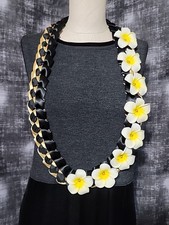 Black & Gold 2026 Graduation Braided Ribbon Lei witth Plumeria Flowers New