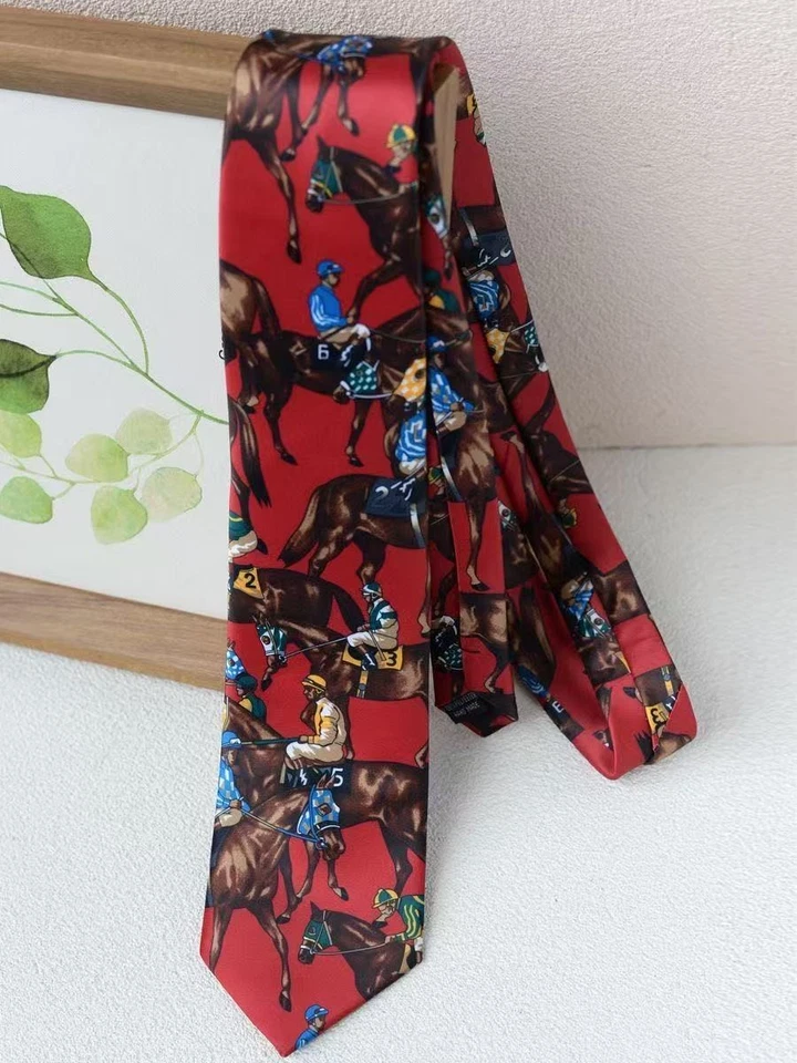 Red vintage hand-woven horse-print tie for a casual gentleman elegant style - Image 3 of 4