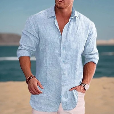 Men's Linen and Cotton Shirt   Long Sleeve, Solid Color