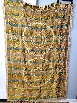 ANTIQUE 19TH C. OTTOMAN  ISLAMIC PERSIAN TAPESTRY SILK FRINGE TABLE CLOTH 78X48