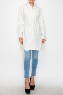 BAGATELLE  Women's Off White Vinyl Raincoat Long Sleeve Button-down 4 Pockets