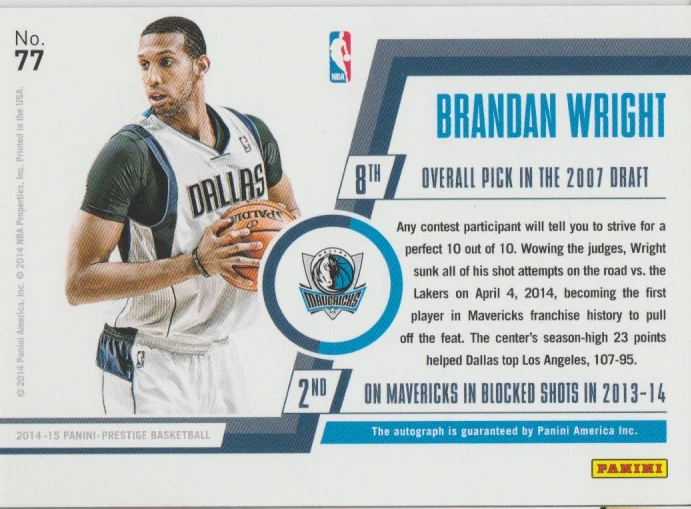 Brandan Wright 2014 Panini Prestige Bonus Shots 亲笔签名卡 77 /149 — 第 2/2 张图片