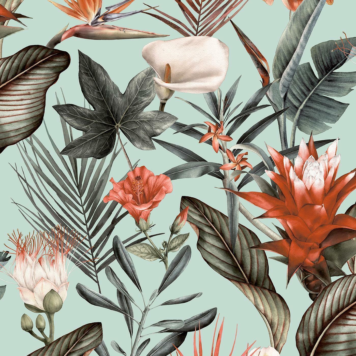 Debona Flora Tropical Jungle Leaf Flowers Plant Leaves Duck Egg Wallpaper 5071