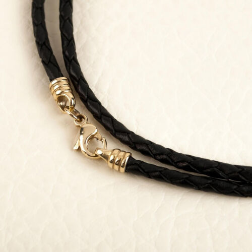 Braided Leather Cord Necklace 14K Solid Gold Clasp Necklace for Men - Picture 1 of 13
