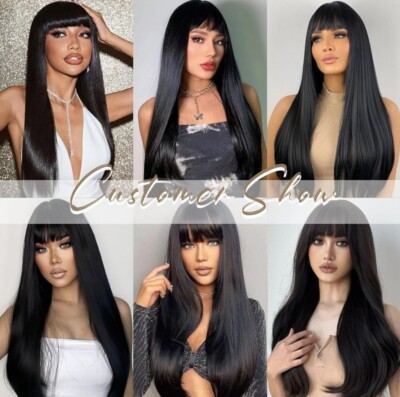 24 Inch Straight Long Black Wig with Bangs, Synthetic Hair  display picture 1