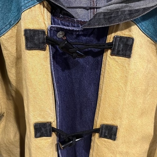 Vintage 90s Color Block Denim Hooded Overcoat with Toggle Buttons - Picture 2 of 8