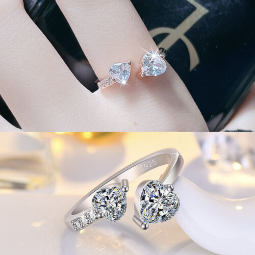 Double Heart Adjustable Ring 925 Sterling Silver Womens Girls Jewellery Gifts UK - Picture 2 of 13