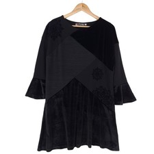 Desigual Abito Midi Shift Nero Patch Velvet Maniche A Campana Floreali Vj4 Tg M