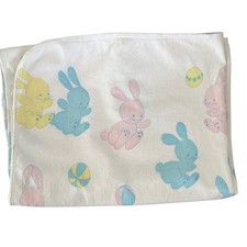 VTG Quiltex Pastel Bunnies With Balls Flannel Receiving Blanket  FLAWED