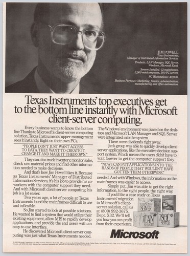 Microsoft Vintage 1992 Print Ad Texas Instruments Client-Server Computing