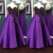 Gothic Black Purple Wedding Dress V Neck Satin A Line Lace Applique Bridal Gown