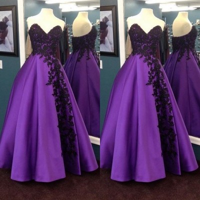 Gothic Black Purple Wedding Dress V Neck Satin A Line Lace Applique Bridal Gown