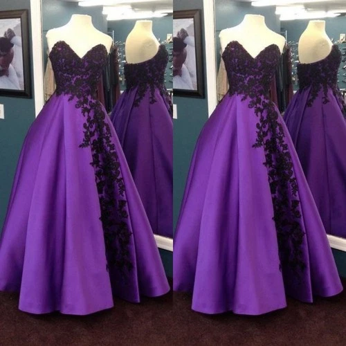 Gothic Black Purple Wedding Dress V Neck Satin A Line Lace Applique Bridal Gown - Picture 1 of 14
