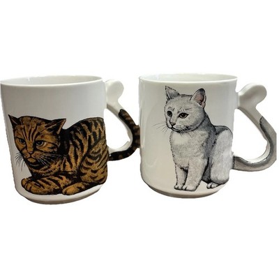Vtg Tabby Cat Coffee Mug Set Tiger Cat Tail Handle Made Japan Lover Kitten Gray
