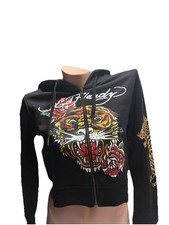 Black Ed Hardy Cropped Zip Up Hoodie Tiger Women s Size Large NWT