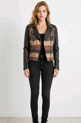 Freaky Nation Leather Cotton Distressed Stripe Bomber Zipper Jacket Biker Moto S
