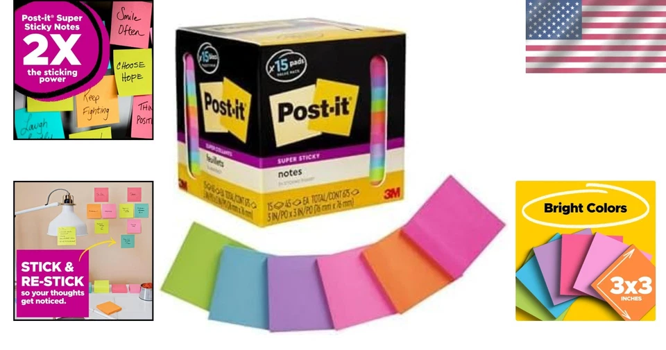Super Sticky Notes in Assorted Vibrant Colors - 3x3 in, 15 Pads, 90 Sheets - Image 2 of 4