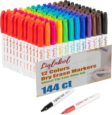 Dry Erase Markers Bulk, Pack of 144 with 12 Assorted Colors, Chisel Tip White...