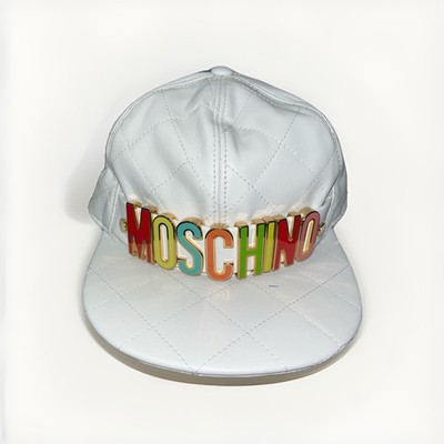 NWT Moschino Quilted Leather Baseball Cap White Rainbow 3D Metal Logo Hat Size M