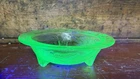Vintage Depression Glass Green Vaseline Uranium Footed Bowl Floral Etched
