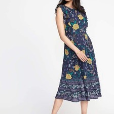 Old Navy Dress Womens Medium Blue Rayon Floral Ruffle Lace Midi