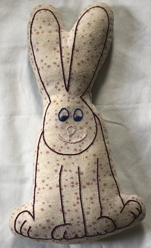 Vtg Handmade 12” Embroider Stuffed 2-Side Outline Bunny Primitive Country Kitsch