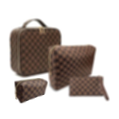 Makeup Bag,4 Pcs Brown Checkered Bags Set,Portable with Adjustable Partition,...