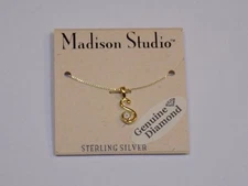 Madison Studio Letter S Gold Initial Sterling Silver Necklace Diamond Chip NEW