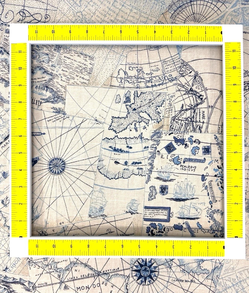 Waverly Nautical Fabric Upholstery Blue Clipper Ships Maps Chart House 50"Lx55W - Image 2 of 4