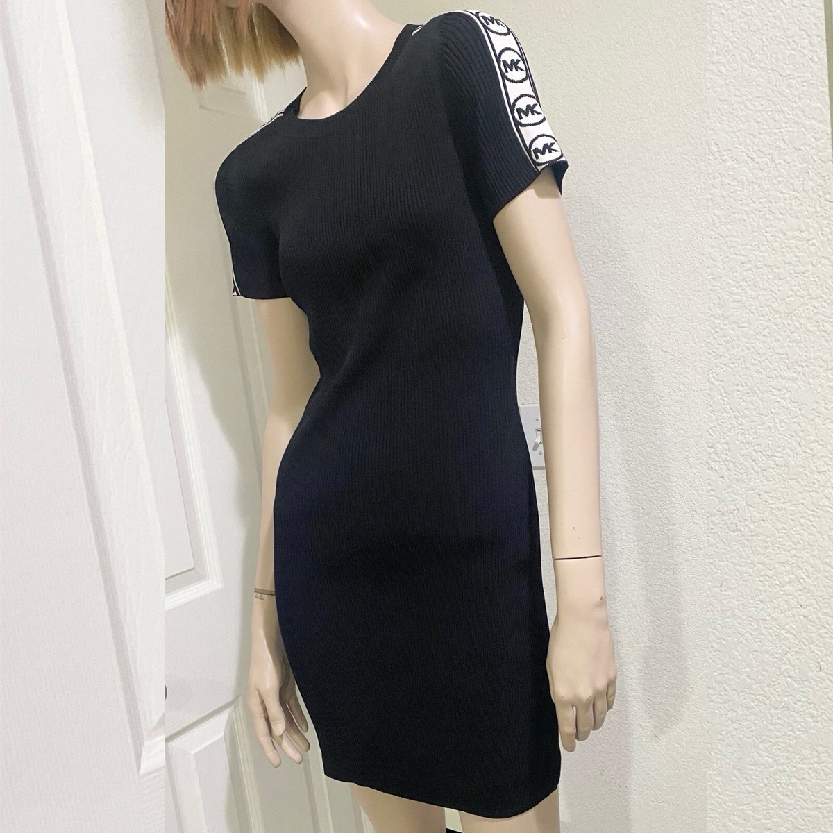 MICHAEL Michael Kors Jacquard Trimmed Ribbed Knit Bodycon Black Dress Size M