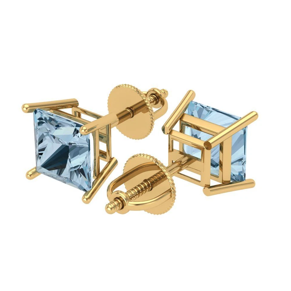 3ct Princess Cut Solitaire Classic Stud gem anniversary Earrings 14k Yellow Gold - Image 2 of 4