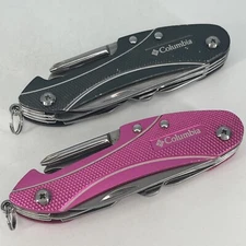 Lot of 2 Grey Pink Columbia Sport Knife Pocket Knife Multi Tool Stainless Steel