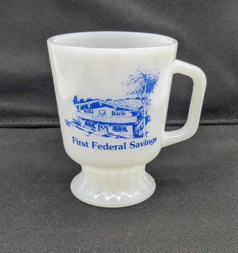 Vintage Stoughton Wis USA First Federal Anchor Hocking Fire King Milk Glass Mug