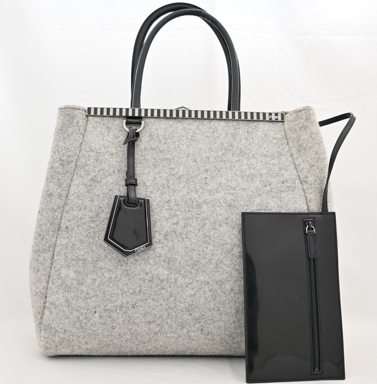 FENDI Toujour Tote Shoulder Bag Wool Gray with Pouch Authentic fe8822gg