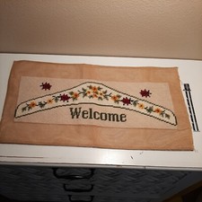 Completed Needlepoint Canvas Wool Welcome Sign Ladybug Flower 16.5 x 5.75"