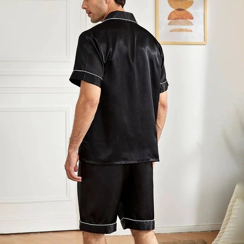 Mens Short Sleeve Shirt Shorts Satin Silk Set Pajamas Sleepwear Nightwear - Picture 2 of 16