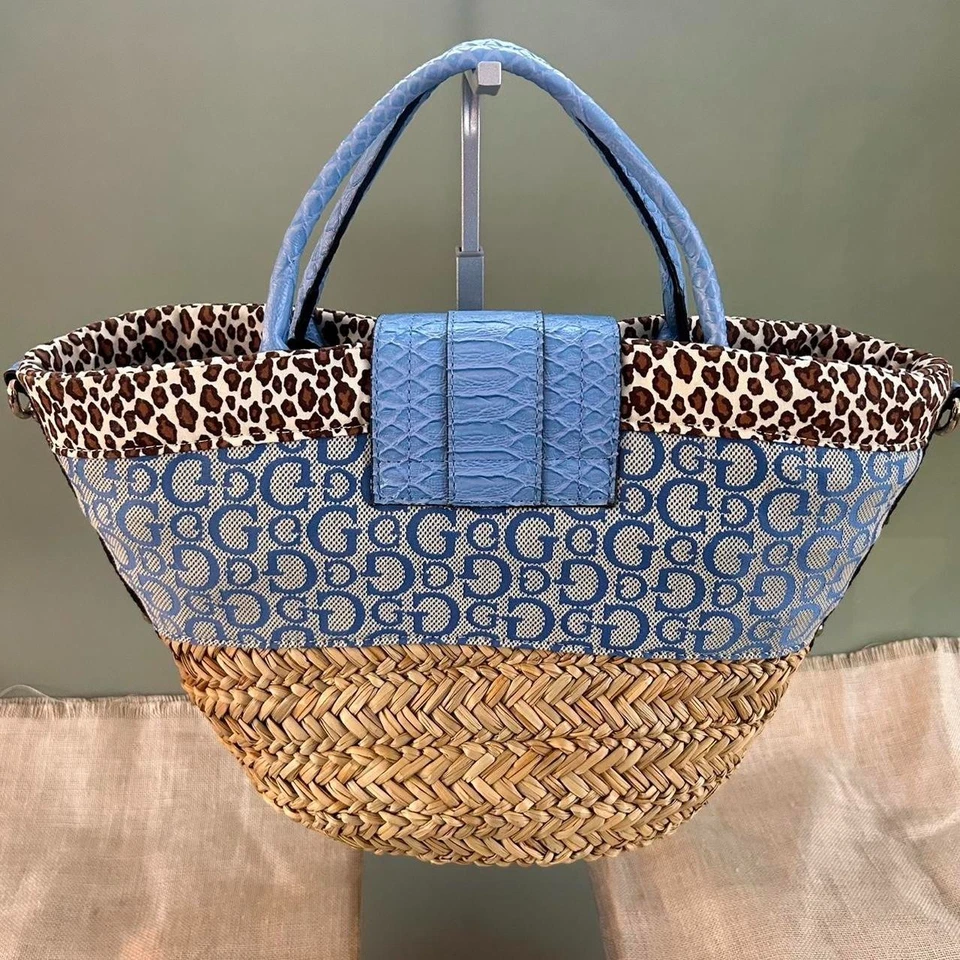 复古 Guess 蓝色标志草编手提包带豹纹装饰 — 第 3/4 张图片