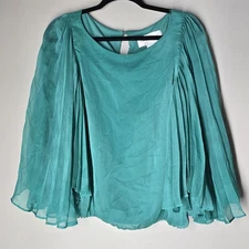 Victor Costa Women’s M Teal Pleated Chiffon Statement Blouse Cape Style Sleeve