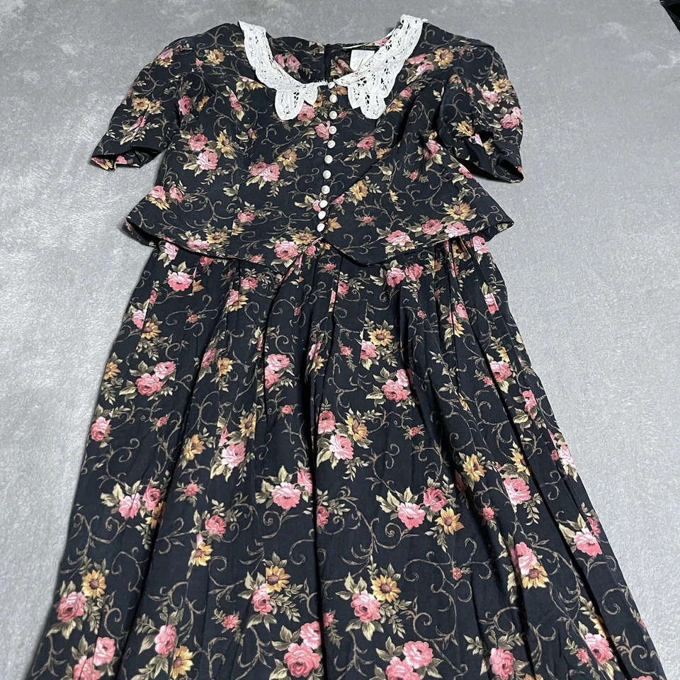 Vestido Vintage Miss Dorby Para Mujer 14 Negro Floral Botón Maxi Modesto Cuello Encaje Foto 3 de 4