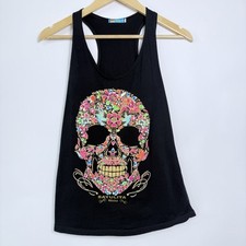 Sugar Skull Tank Top Womens Size L Black Racerback Day of the Dead Sayulita Mex