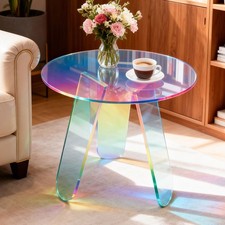 Round Iridescent Side Table Acrylic Clear Rainbow Coffee Table Corner End Table