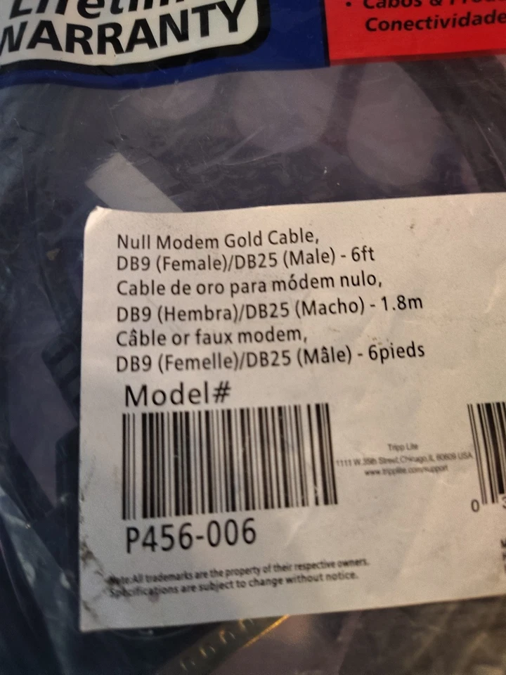 TRIPP LITE P456-006 NULL MODEM GOLD CBLE DB9F TO DB25M 6' CABLE NEW  - Image 3 of 3